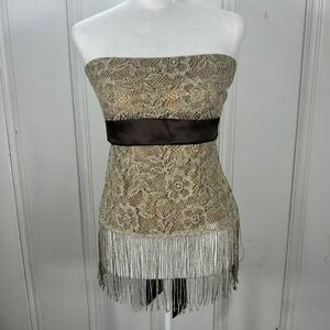 MKM Designs Y2K Metallic Gold Lace Fringe Strapless L Made in USA Going Out Top